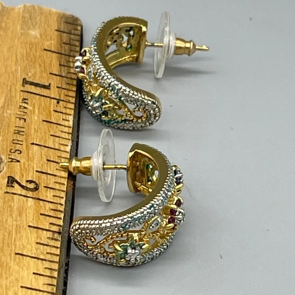 Two Tone Floral Filigree‎ J Hoop Earrings Multi Color CZ 925 Sterling Silver